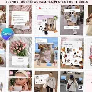 May include: A collage of Instagram templates with a trendy aesthetic. The templates feature various themes, including a checklist, calendar, and birthday wishlist. The color palette includes soft pinks, whites, and neutral tones, with some templates showcasing food and fashion.