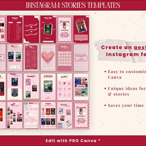 May include: Pink Instagram story templates with a book theme. The templates feature book covers, lists, and a heart graphic. Text includes "Monthly", "Book Title", and "Current". The image also says "Create an aesthetic Instagram feed!"