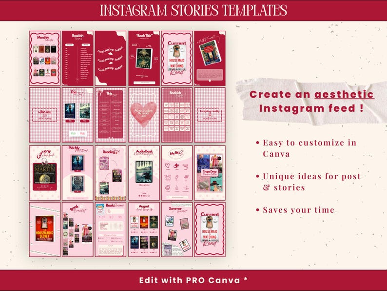 May include: Pink Instagram story templates with a book theme. The templates feature book covers, lists, and a heart graphic. Text includes "Monthly", "Book Title", and "Current". The image also says "Create an aesthetic Instagram feed!"