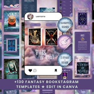 May include: A collection of fantasy bookstagram templates in shades of purple and blue. The image includes mockups of Instagram posts with book covers, text, and graphics. Text on the image includes "This or That" and "+130 Fantasy Bookstagram Templates Edit in Canva."