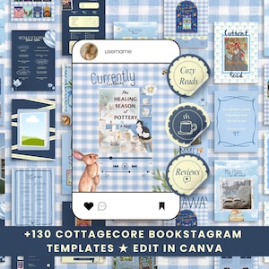May include: A collection of light blue and white cottagecore-themed Instagram templates. The image features book covers, quotes, and a phone mockup with the text "Currently Listening" and "The Healing Season of Pottery".