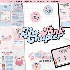 May include: A digital branding kit with a pink and blue color scheme. The kit includes social media templates, checklists, and graphics. The title "The Pink Chapter" is displayed in a retro font. The kit is designed for digital content creators.