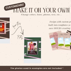May include: An advertisement for customizable templates, featuring book covers and reading journal designs. The text reads "MAKE IT ON YOUR OWN" and "Design with custom graphics built into templates so you can save HOURS creating content."