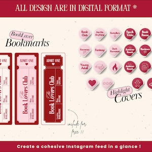 May include: Digital design elements for book lovers, including bookmarks and Instagram highlight covers. The bookmarks are ticket-shaped with "Book Lovers Club" text. Highlight covers feature icons and text like "Book Club" and "Reviews."