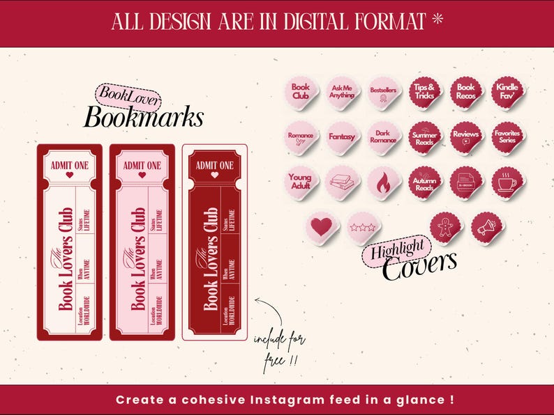 May include: Digital design elements for book lovers, including bookmarks and Instagram highlight covers. The bookmarks are ticket-shaped with "Book Lovers Club" text. Highlight covers feature icons and text like "Book Club" and "Reviews."
