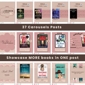 May include: A collection of book covers displayed in a carousel format. The covers feature various titles with author names, and include the text "37 Carousels Posts" and "Showcase MORE books in ONE post."