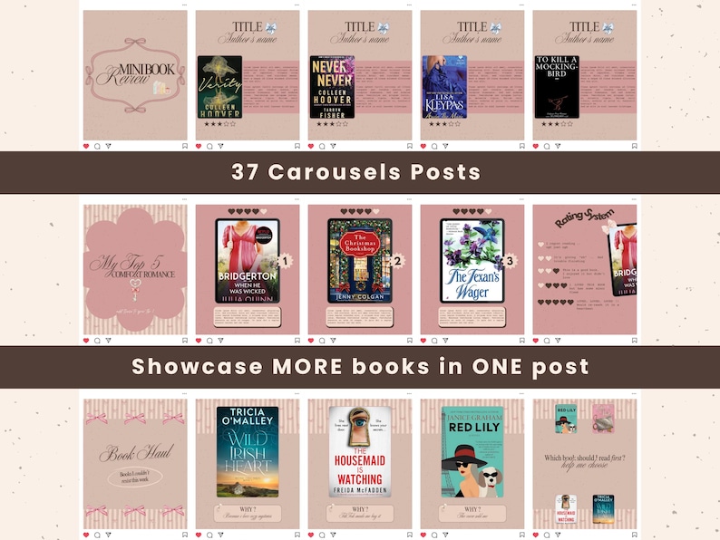 May include: A collection of book covers displayed in a carousel format. The covers feature various titles with author names, and include the text "37 Carousels Posts" and "Showcase MORE books in ONE post."