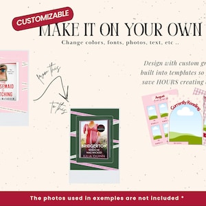 May include: Image showcasing customizable templates for design projects. Includes examples of book covers and reading trackers. Text reads "MAKE IT ON YOUR OWN" and "Design with custom graphics built into templates so you can save HOURS creating content."