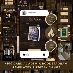 May include: A digital product showcasing dark academia-themed Instagram templates. The image features a mock Instagram post with a book cover, "I Am Not Jessica Chen," and various design elements like stickers and text boxes. The background is a library.