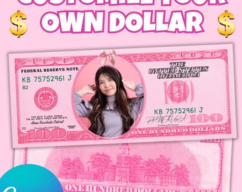 Roze aangepaste Canva-sjabloon voor dollarbiljet Voeg je gezicht en naam toe bewerkbaar afdrukbaar geld voor vrijgezellenfeest van Barbie, direct downloaden
