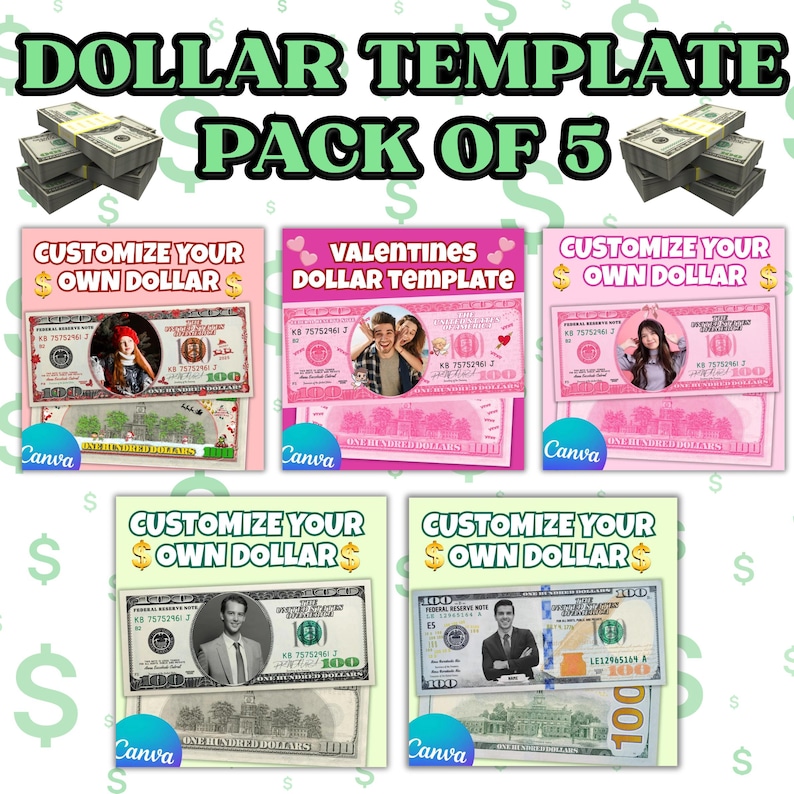 Editable Dollar Bill Template Bundle Canva, Custom Money Template Pack ...