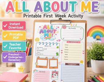 All About Me Worksheet Printable, Back to School Kids Activity, First Week Classroom Icebreaker, Preschool Kindergarten PDF