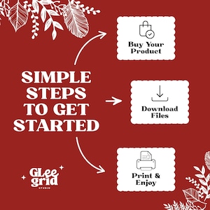 Pu&ograve; includere: Uno sfondo rosso con testo e grafica bianchi. Il testo recita "SEMPLICI PASSAGGI PER INIZIARE". Sono delineati tre passaggi: "Acquista il tuo prodotto", "Scarica i file" e "Stampa e divertiti". Il logo Glee Grid Studio &egrave; in basso.