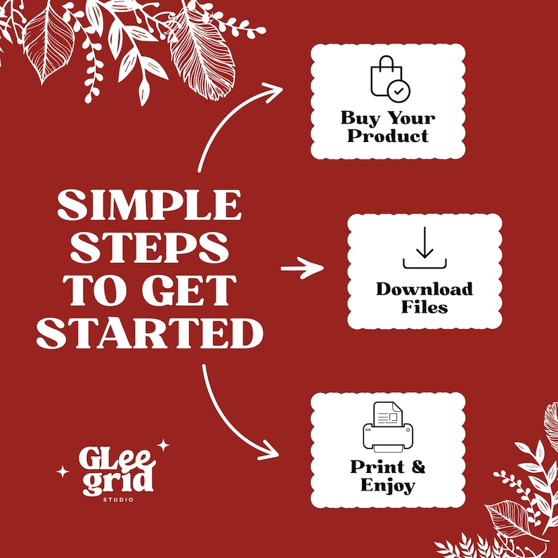 Pu&ograve; includere: Uno sfondo rosso con testo e grafica bianchi. Il testo recita "SEMPLICI PASSAGGI PER INIZIARE". Sono delineati tre passaggi: "Acquista il tuo prodotto", "Scarica i file" e "Stampa e divertiti". Il logo Glee Grid Studio &egrave; in basso.