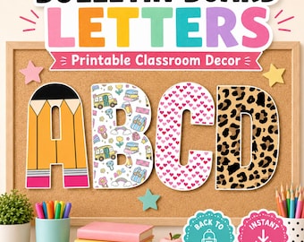 Printable Bulletin Board Letters, Classroom Alphabet Decor, Back to School A-Z Letter Bundle, Pencil Leopard Hearts School Doodle