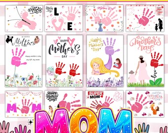 Moederdag handafdruk ambachtelijke afdrukbare, kinderhandafdruk kunst cadeau voor moeder, doe-het-zelf activiteit, voorschoolse klas ambacht pdf downloaden
