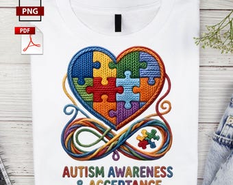Autism Awareness PNG, Autism Acceptance Shirt Design, Puzzle Heart Infinity Graphic, Pre-Cropped PNG, Printable PDF Download