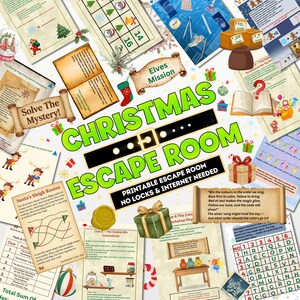 May include: A festive Christmas Escape Room game with various puzzles and clues. The image features game sheets, gift boxes, and the text "Christmas Escape Room." The game is designed to be printable and requires no locks or internet.