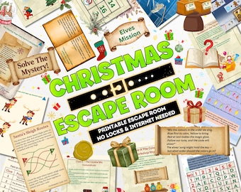 May include: A festive Christmas Escape Room game with various puzzles and clues. The image features game sheets, gift boxes, and the text "Christmas Escape Room." The game is designed to be printable and requires no locks or internet.