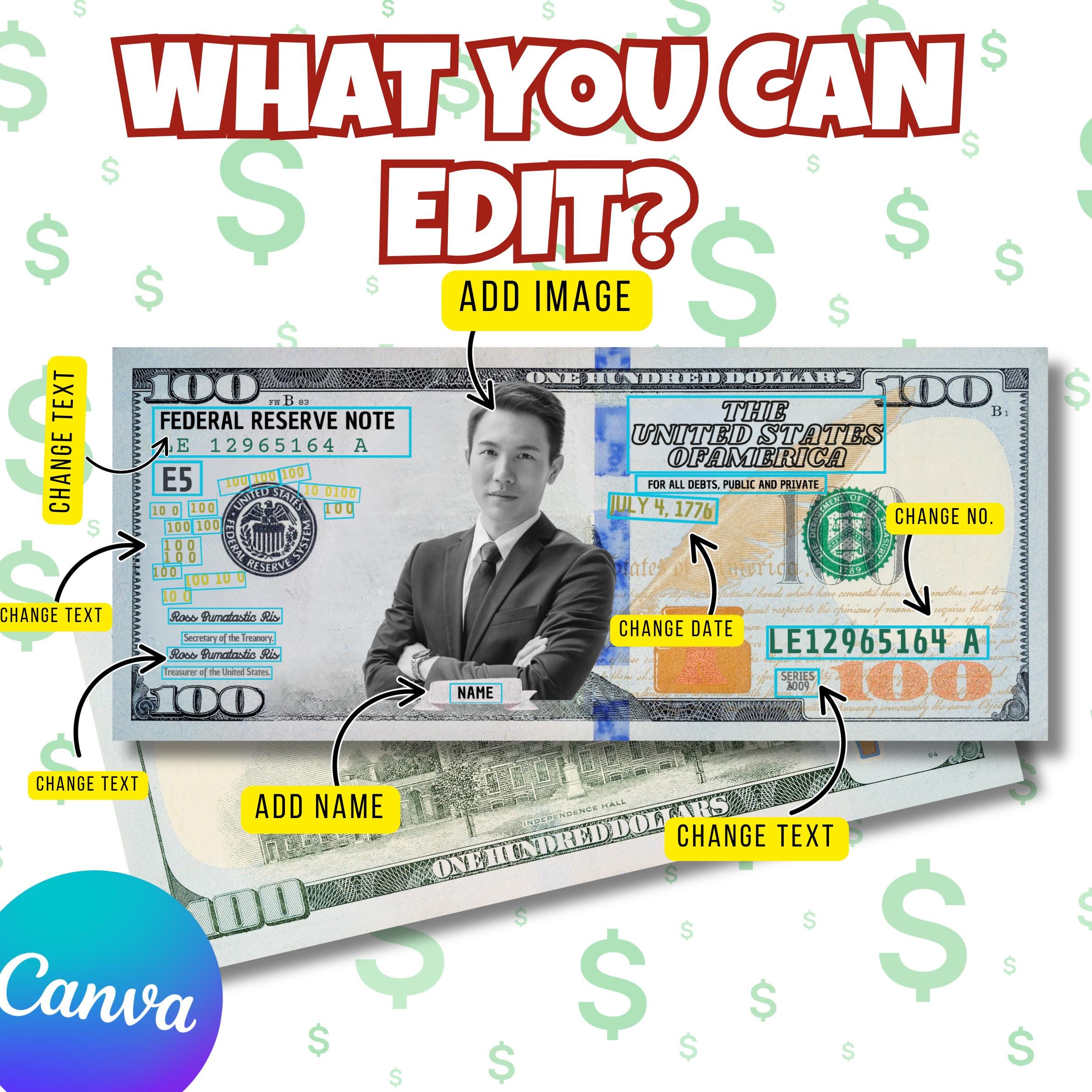 Editable Dollar Bill Template Bundle Canva, Custom Money Template Pack ...