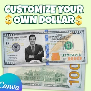 以下が含まれることがあります： 人物の画像と「Customize Your Own Dollar」というテキストが入った100ドルのカスタムデザイン。デザインには「Federal Reserve Note」と「The United States of America」というテキストが含まれています。