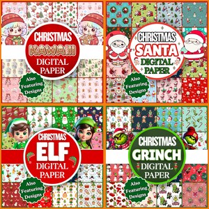 Pu&ograve; includere: Una collezione di design di carta digitale a tema natalizio. L'immagine presenta quattro set: "Christmas Kawaii", "Christmas Santa", "Christmas Elf" e "Christmas Grinch". Ogni set include una grafica circolare con il nome del tema e le parole "Digital Paper".
