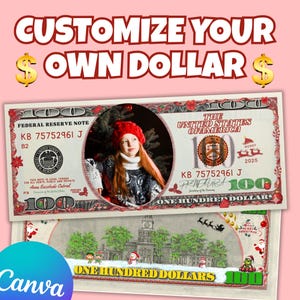 Puede incluir: Un diseño personalizado para un billete de cien dólares con un retrato de una persona con un gorro rojo. El billete tiene el texto "CUSTOMIZE YOUR OWN DOLLAR" y "MERRY 2025". La parte inferior del billete tiene una escena navideña.