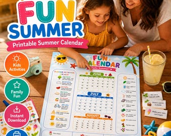 Summer Fun Calendar Printable for Kids, June July August Activity Planner, Family Summer Activities, Instant Download