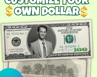 Aangepaste Canva-sjabloon voor dollarbiljet voeg je gezicht en naam toe bewerkbare afdrukbare Funny Money Gag cadeau partij gunst direct downloaden
