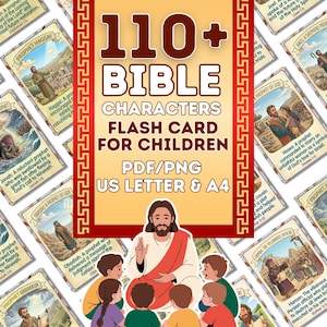 Può includere: Un set di flash card di personaggi biblici per bambini, con illustrazioni e testo. Le carte sono progettate per scopi educativi e sono disponibili in formato PDF e PNG, in formato US Letter e A4.