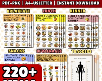 Afdrukbare lijst met caloriearme voeding, pdf-gids voor gewichtsverlies, grafiek gezond eten, maaltijdvoorbereidingsplanner, voedingsreferentieblad direct downloaden