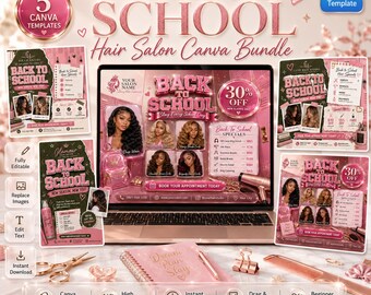 Back to School Hair Salon Canva Templates, 5 Editable Square Beauty Flyers, Salon Promotion Social Media Post Bundle