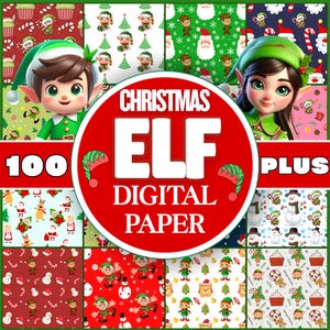 Puede incluir: Una colección de más de 100 diseños de papel digital de Elfo Navideño. La imagen presenta una variedad de patrones festivos con elfos, muñecos de nieve y motivos navideños. Un gran círculo rojo en el centro dice "Christmas Elf Digital Paper".