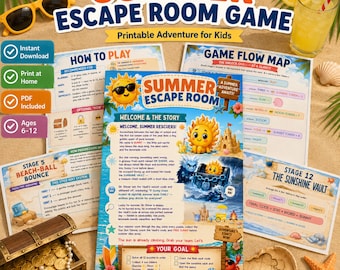 Summer Escape Room Printable for Kids, 12-Puzzle Beach Adventure Game, Ages 6-12, Instant Download PDF Party Activity