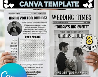 Wedding Newspaper Template Canva Editable, Wedding Program Newspaper, Wedding Welcome Sign Bundle, Printable Wedding Newspaper 8 Pages
