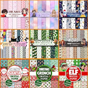 Pu&ograve; includere: Una collezione di pacchetti di carta digitale con vari temi. I temi includono cuori, acquerello, galassia, gatti carini, San Patrizio, maghi, Babbo Natale, Grinch ed elfi. Ogni pacchetto misura 30,48 cm x 30,48 cm.