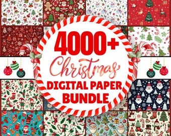 May include: A collection of Christmas-themed digital papers. The image features various patterns with festive elements like Santa Claus, snowmen, candy canes, and Christmas trees. The central text reads "4000+ Christmas Digital Paper Bundle."