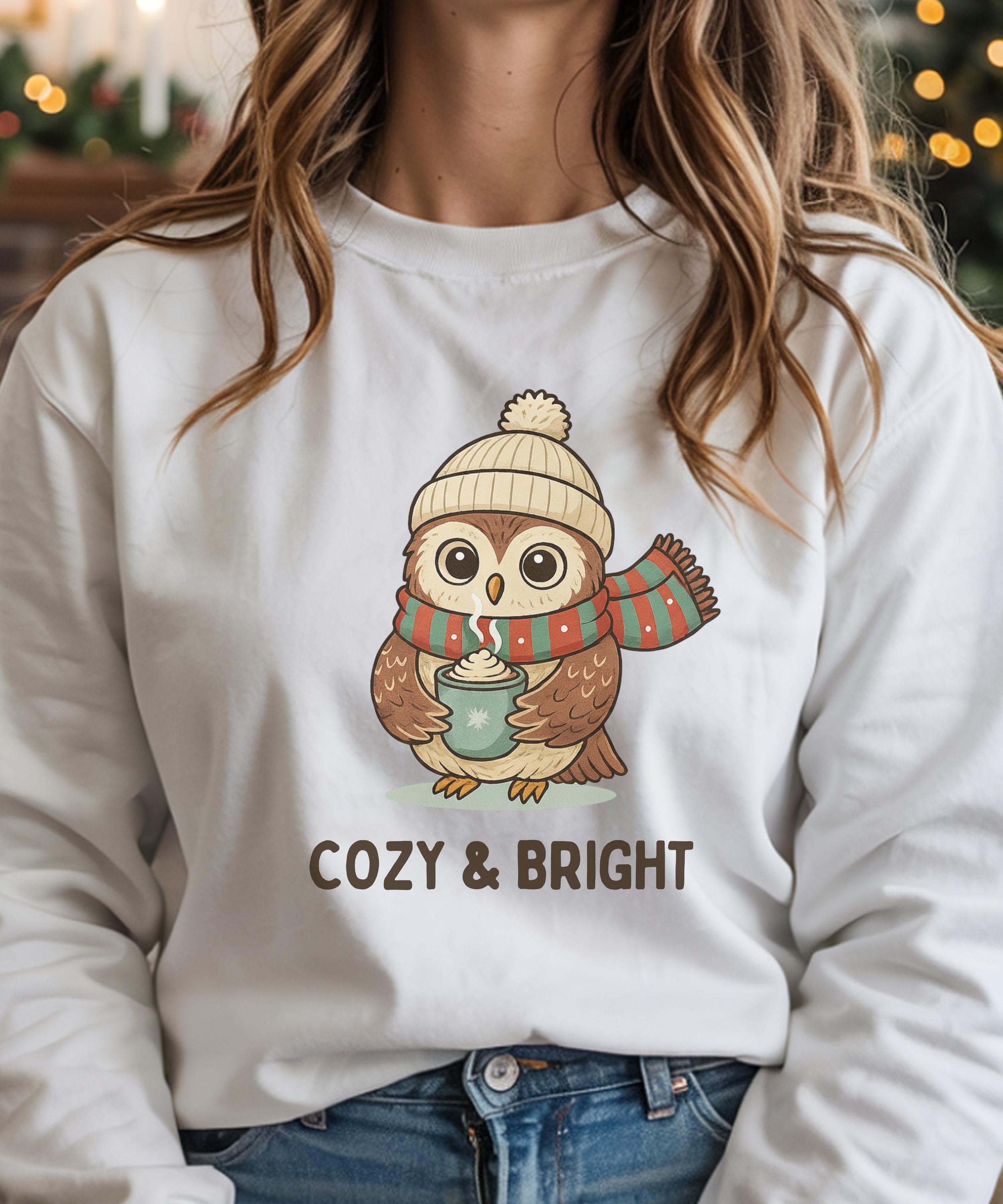Cozy & Bright Owl Christmas Sweatshirt, Cute Winter Owl Crewneck, Holiday Sweater, Unisex