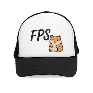 May include: Black and white trucker hat with a white front panel. The front panel features the word "FPS" in black, along with a cartoon hamster illustration in shades of brown and tan. The hat has a curved brim and a mesh back.