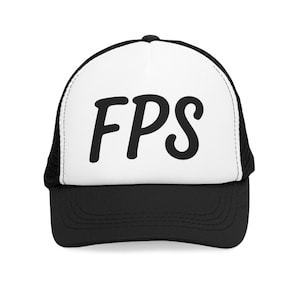 May include: Black and white trucker hat with the letters "FPS" in bold, black font across the front. The hat features a white front panel and a black brim and mesh back.