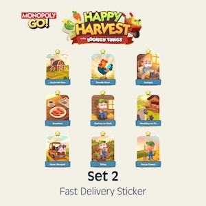 May include: A Monopoly GO Happy Harvest with Looney Tunes digital sticker collection featuring nine individual cards labeled Daybreak Barn, Doodle Doo, Sunlight, Breakfast, Getting to Work, Waddling to Do, Gone Sheepin, Tilling, and Happy Farmer.