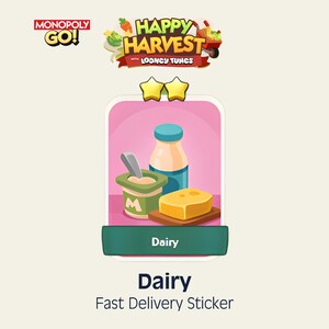 May include: A Monopoly GO Happy Harvest with Looney Tunes sticker featuring a pink card with two yellow stars. The illustration shows a bottle of milk, a green yogurt cup with a spoon, and a block of yellow cheese. The text Dairy is displayed.