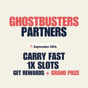 May include: A graphic design featuring the text GHOSTBUSTERS PARTNERS in red and dark blue, followed by a calendar icon with September 29th, and the text CARRY FAST 1X SLOTS and GET REWARDS + GRAND PRIZE in a mix of dark blue and red lettering.