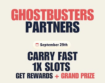May include: A graphic design featuring the text GHOSTBUSTERS PARTNERS in red and dark blue, followed by a calendar icon with September 29th, and the text CARRY FAST 1X SLOTS and GET REWARDS + GRAND PRIZE in a mix of dark blue and red lettering.