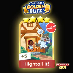 Op de afbeelding: Digitale illustratie van Monopoly Go! met Roodkapje en de Grote Boze Wolf. De wolf, in pyjama, vlucht uit het huis. De tekst "Hightail It!" wordt hieronder weergegeven, met een "NIEUW" badge.