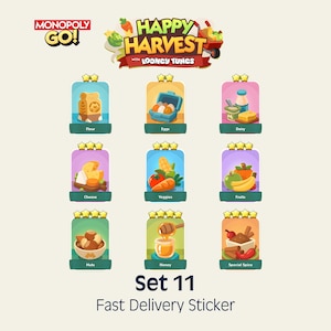 May include: A Monopoly GO Happy Harvest with Looney Tunes Set 11 Fast Delivery Sticker collection featuring nine individual sticker cards. Each card displays a food item including flour, eggs, dairy, cheese, veggies, fruits, nuts, honey, and spice.