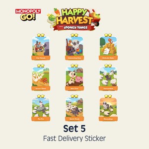 Könnte beinhalten: Eine Monopoly Go Happy Harvest with Looney Tunes Set 5 digitale Sticker-Sammlung mit neun einzelnen Karten mit Zwei-Sterne-Bewertungen. Jede Karte zeigt farbenfrohe Cartoon-Illustrationen von Tieren und Bauernhofszenen mit Titeln wie City Friends.