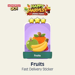 May include: A Monopoly GO! Happy Harvest with Looney Tunes digital sticker featuring a purple card with three yellow stars at the top. The center displays a green apple, an orange, and yellow bananas. A dark green banner at the bottom reads Fruits.