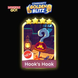 May include: A digital graphic featuring a pirate hook with a red handle and a gold emblem, set against a treasure map background. The text "Hook's Hook" is displayed below, with a "NEW" badge. The Monopoly Go! and Community Golden Blitz logos are at the top.