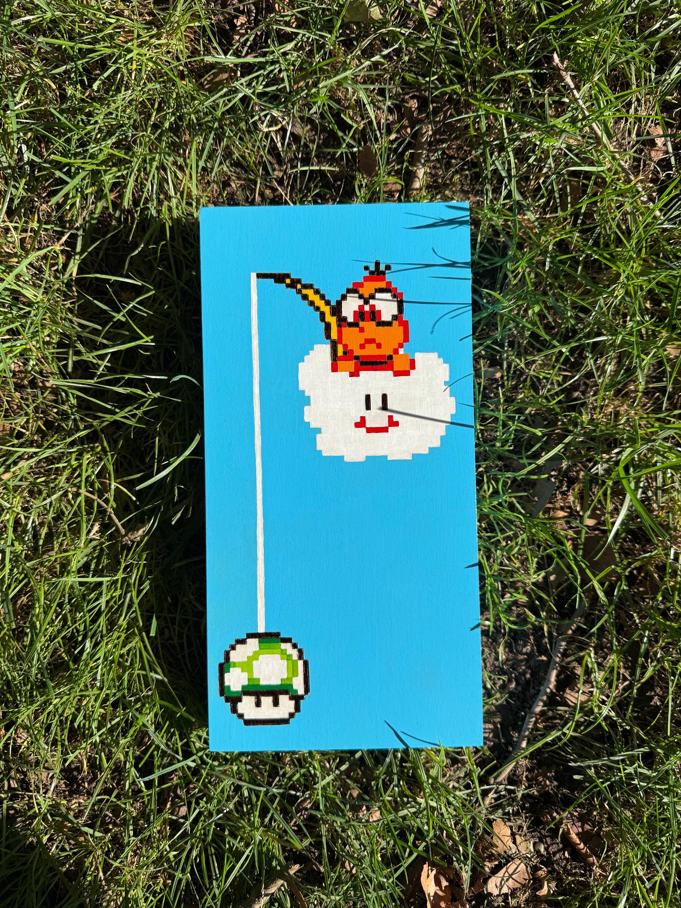 Lakitu 1up Mushroom Woodburn Painting - Super Mario World Fan Art